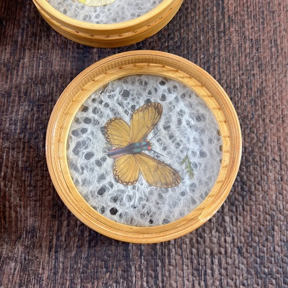 Vintage Bamboo Wicker Woven Coasters Butterfly Design Set of 6 Boho‎ Tiki Bar